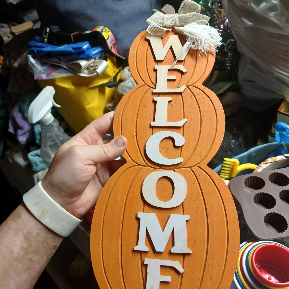 VHC Brands Pumpkin Stack Welcome Wooden Sign is a charming fall decor Stacked